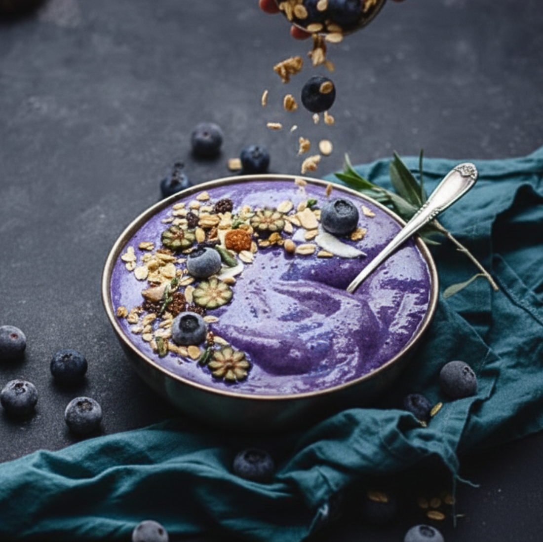 Smoothie made with Ancient Choice Wild Blueberry Powder, topped with fresh blueberries and granola in a bowl on a dark rustic background