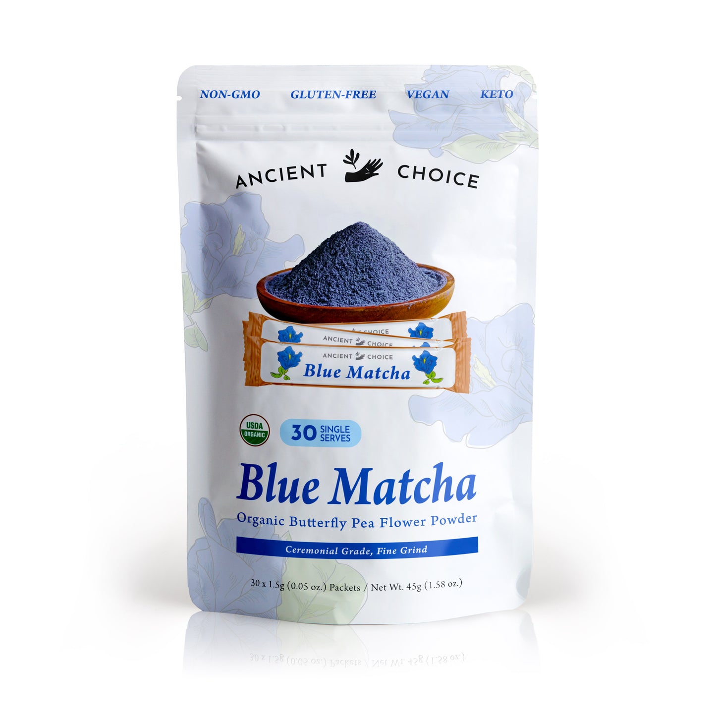 A hero image of Ancient Choice Blue Matcha Single Serve Pack