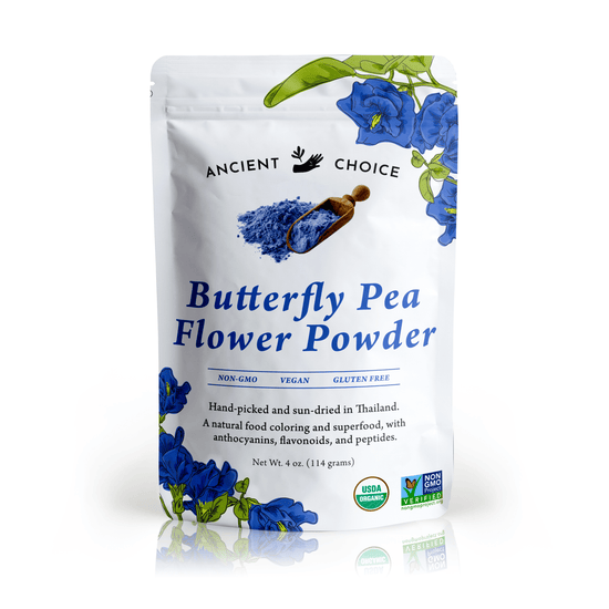 Ancient Choice Butterfly Pea Flower Powder, 4 oz pouch. USDA Organic Certified and Non-GMO Project Verified.