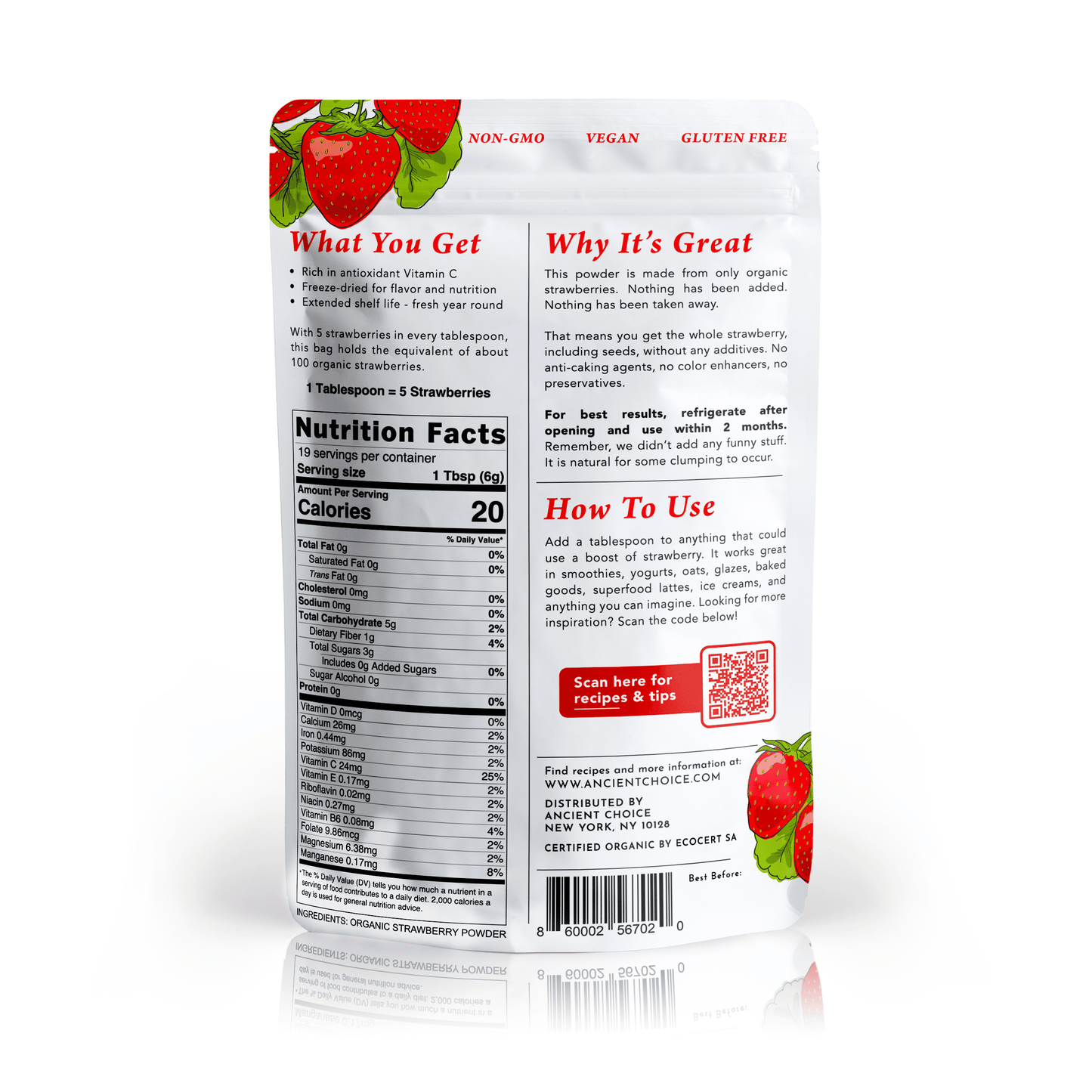 Back label of Ancient Choice Strawberry Powder 4 oz pouch, showing Nutrition Facts and usage instructions.