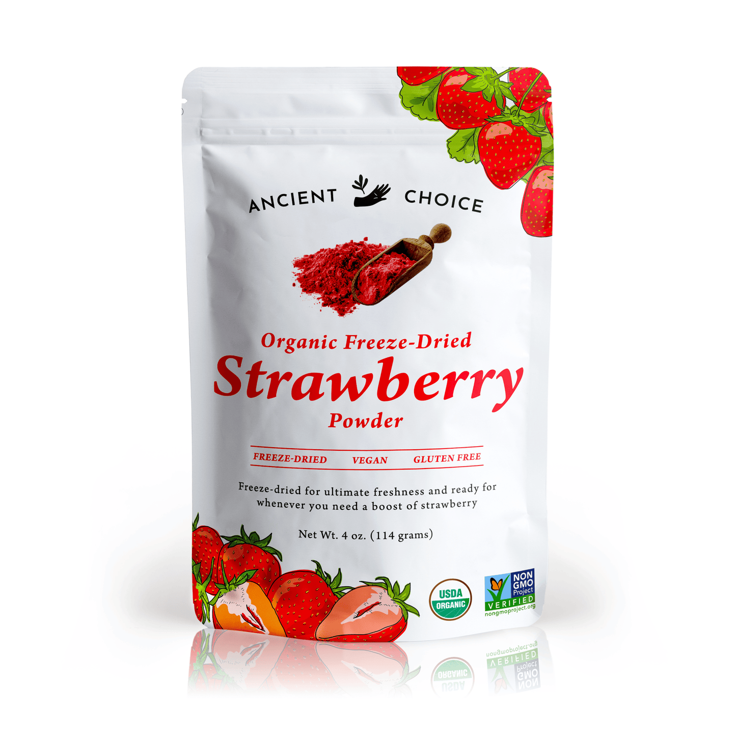 Ancient Choice Strawberry Powder, 4 oz pouch, freeze-dried, USDA Organic Certified, and Non-GMO Project Verified.