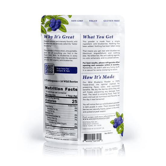 Back label of Ancient Choice Wild Blueberry Powder 4 oz pouch, showing Nutrition Facts and usage instructions.