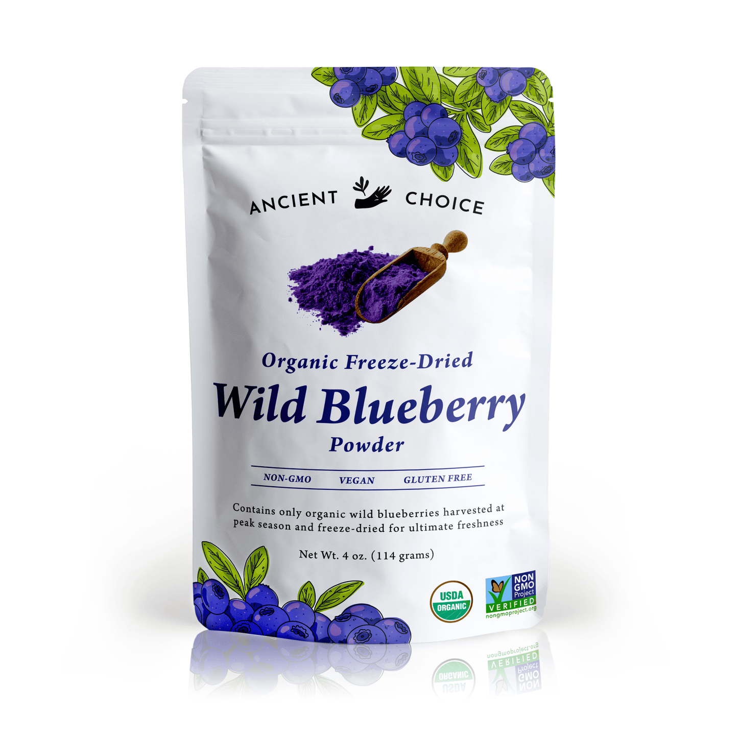 Ancient Choice Wild Blueberry Powder, 4 oz pouch, freeze-dried, USDA Organic Certified, and Non-GMO Project Verified.