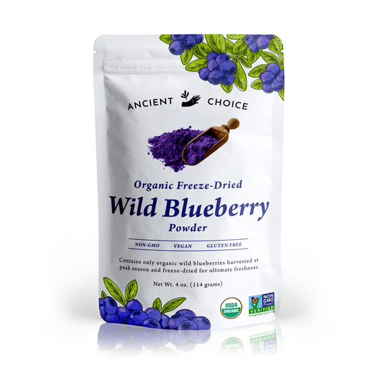 Ancient Choice Wild Blueberry Powder, 4 oz pouch, freeze-dried, USDA Organic Certified, and Non-GMO Project Verified.