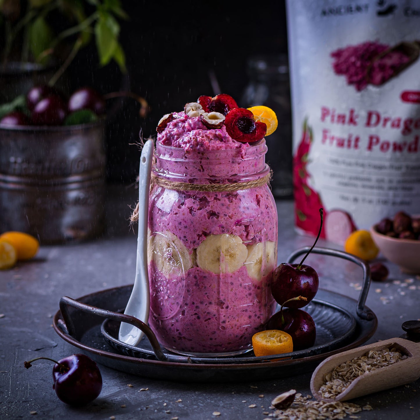 Load image into Gallery viewer, Red Dragon Fruit Flavored Overnight Oats with bananas
