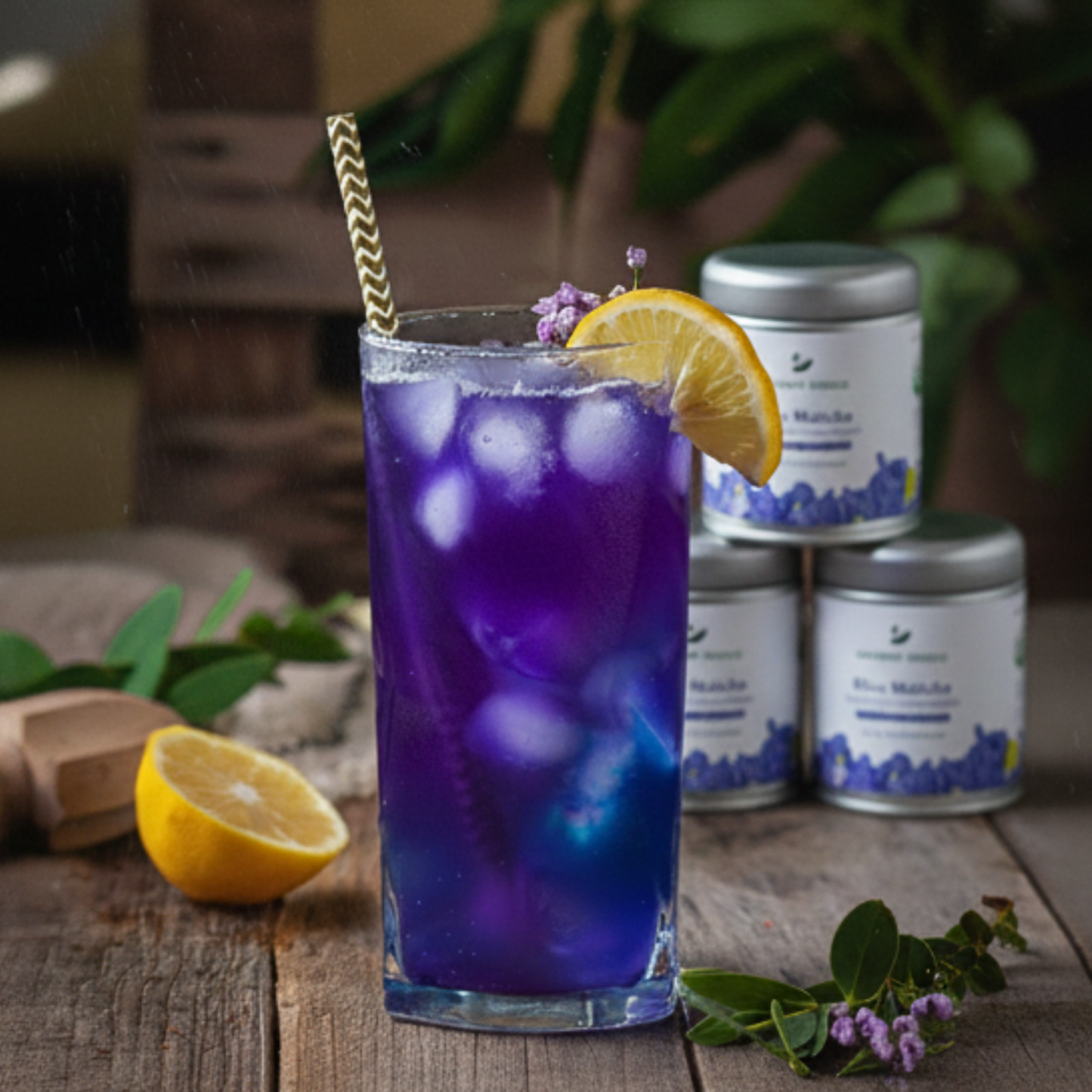 Blue lemonade made with Ancient Choice Blue Matcha, served over ice with a lemon slice.