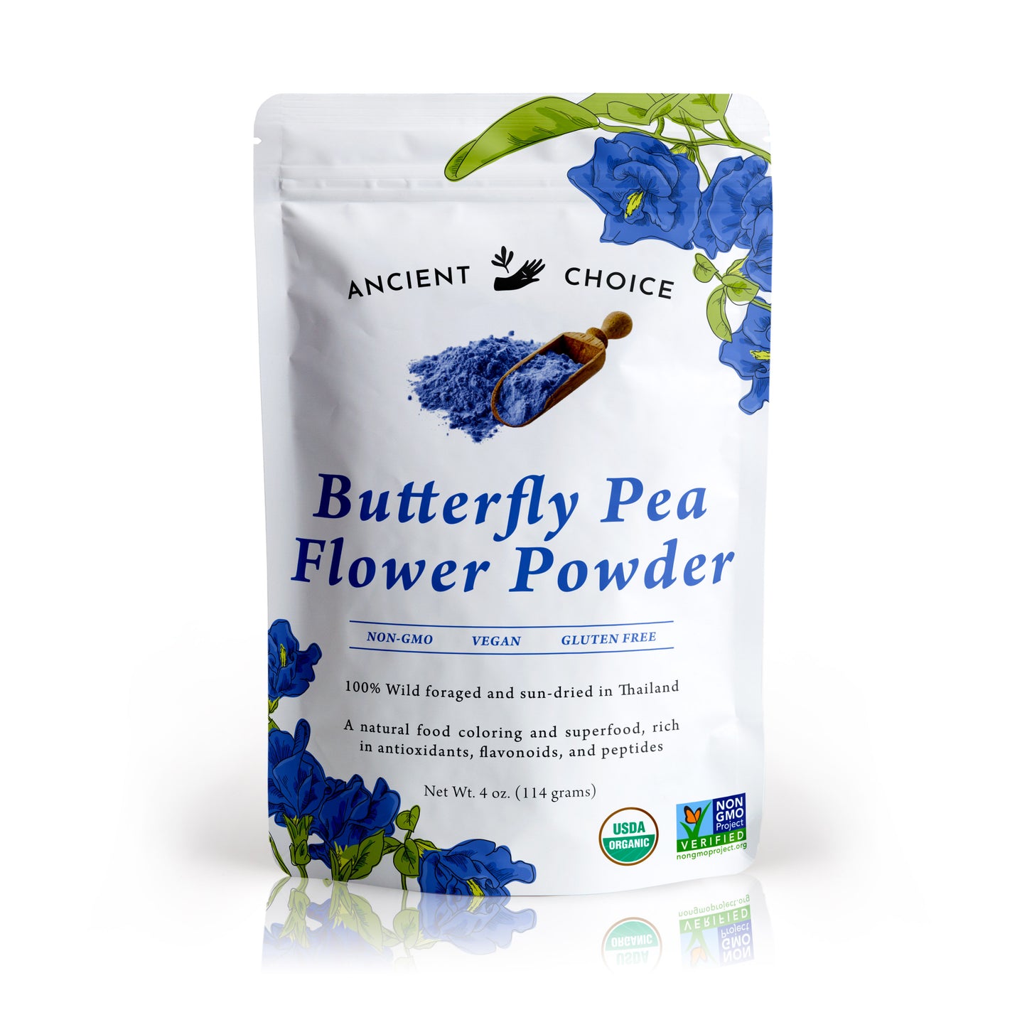 A bag of Ancient Choice Butterfly Pea Flower Powder, organic and non-gmo certified
